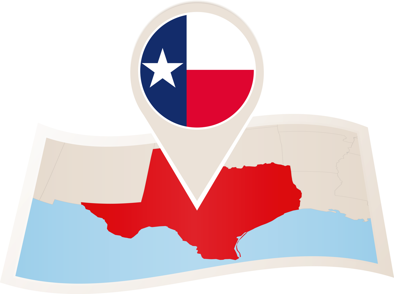 Folded paper map of Texas  U.S. State with flag pin of Texas.